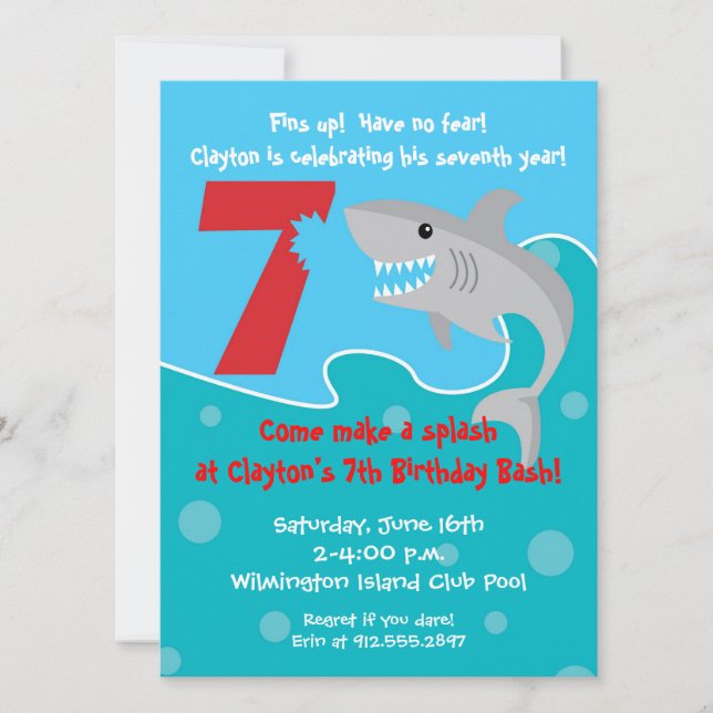 Shark Bite Invite- 7th Birthday Party Invitation (Front)