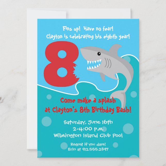Shark Bite Invite- 8th Birthday Party Invitation (Front)