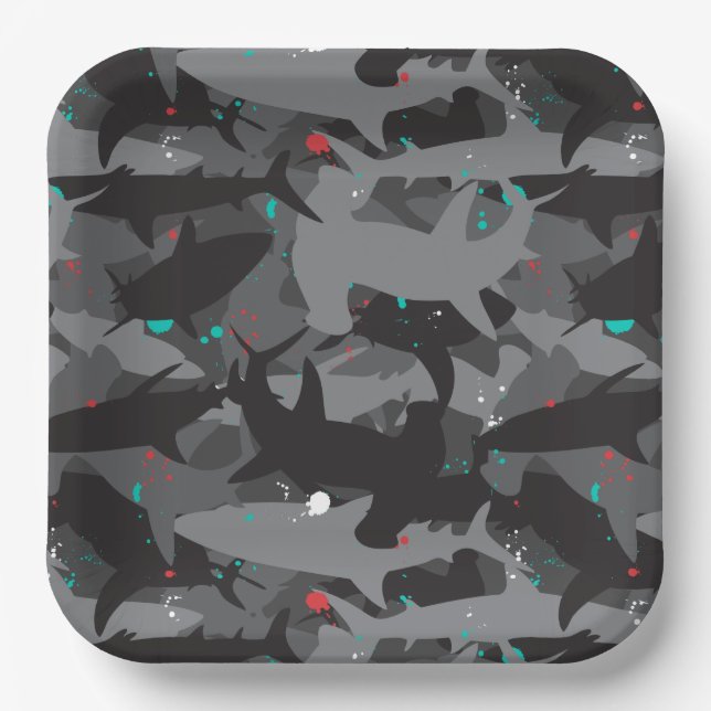 Shark Black & Teal Camouflage Pattern Paper Plate (Front)