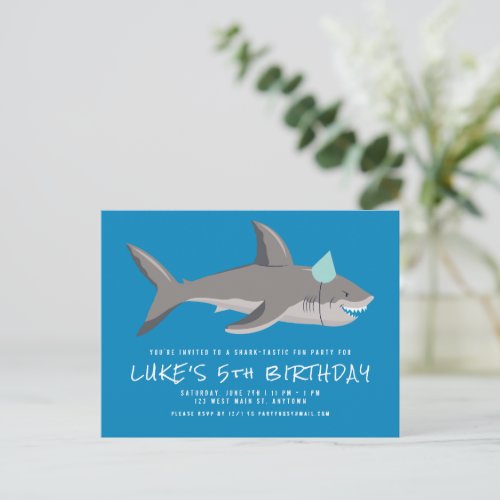 Shark Blue Cool Kids Birthday Party Invitation Postcard