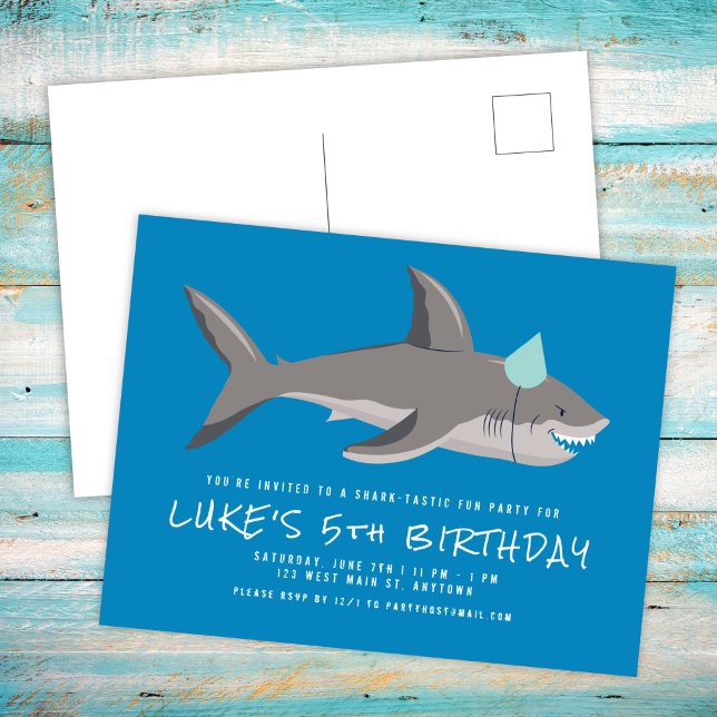 Shark Blue Cool Kids Birthday Party Invitation Postcard (Creator Uploaded)