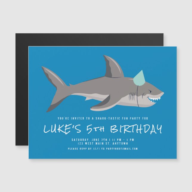 Shark Blue Cool Kids Birthday Party Magnetic Invitation (Front/Back)
