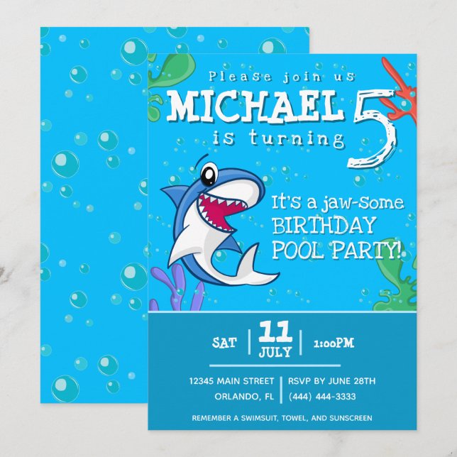 Shark Blue Ocean Kids Any Age Birthday Invitation (Front/Back)