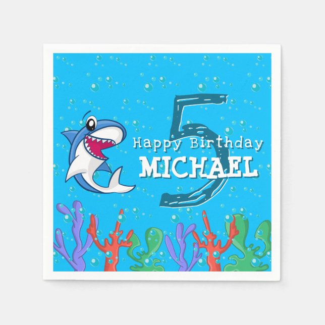 Shark Blue Ocean Kids Any Age Birthday Napkins (Front)