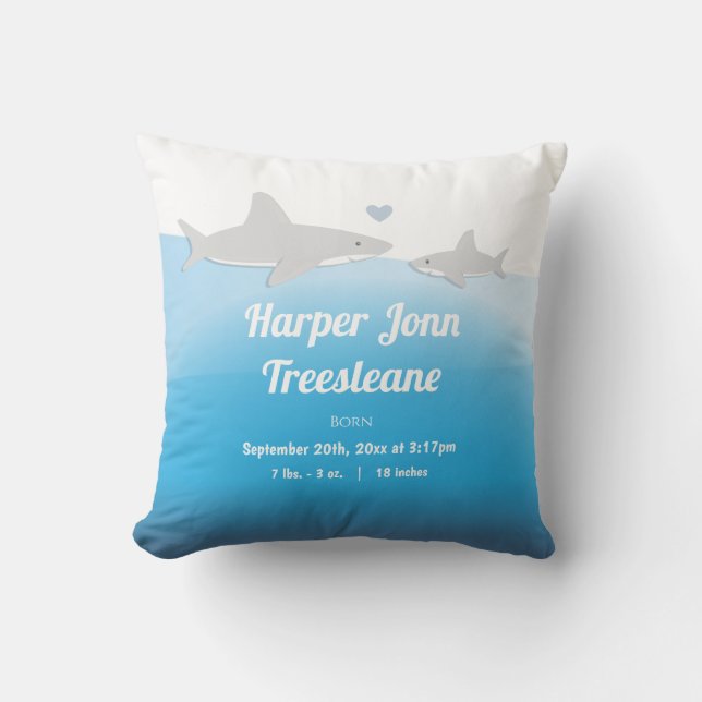 Shark Blue White Name Baby Birth Stats Throw Pillow (Front)