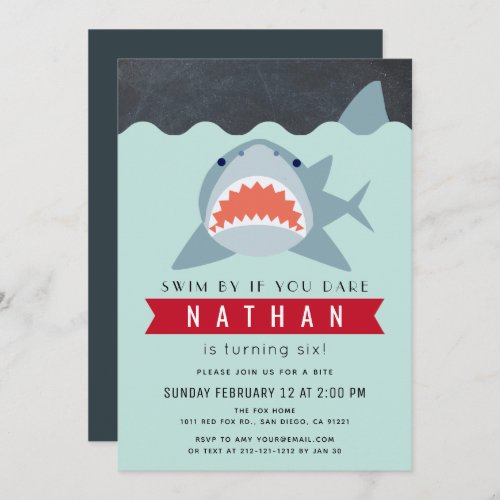 Shark Boy Navy Blue Pool Birthday Invitation