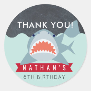 Shark Boy Navy Blue Pool Birthday Thank You Classic Round Sticker
