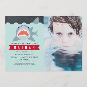 Shark Boy Navy Blue Pool Photo Birthday Invitation