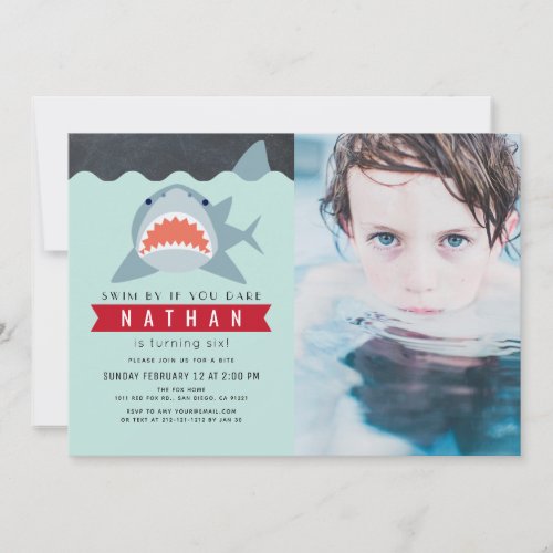 Shark Boy Navy Blue Pool Photo Birthday Invitation