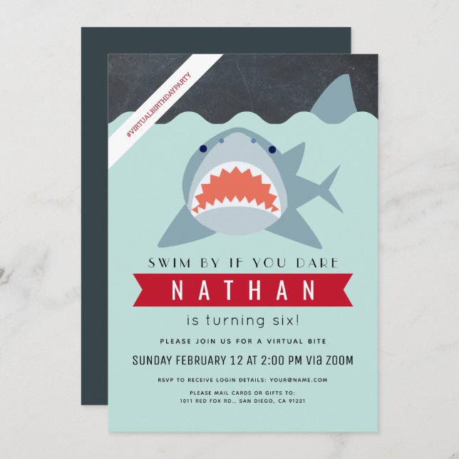 Shark Boy Navy Blue Virtual Pool Birthday Invitation (Front/Back)