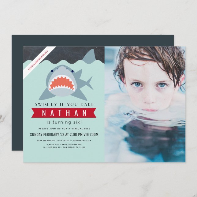 Shark Boy Navy Blue Virtual Pool Photo Birthday Invitation (Front/Back)
