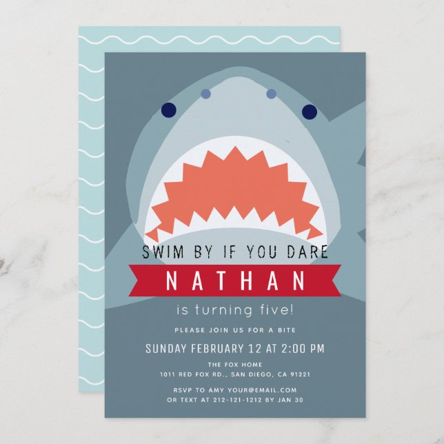 Shark Boy Slate Blue Pool Birthday Invitation (Front/Back)