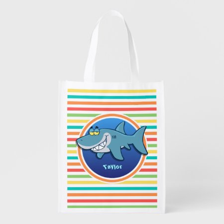 Shark; Bright Rainbow Stripes Reusable Grocery Bag
