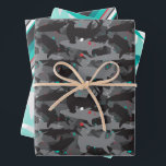 Shark Camouflage Patterned Wrapping Paper Set of 3<br><div class="desc">Add a "bite" of fun to your gift with this cool (yet scary!) shark camouflage patterned wrapping paper set. The black, gray and teal coloring gives the overall look and style a fun and fresh underwater feel. But beware of that pop of red added in for extra scare! Matching items...</div>
