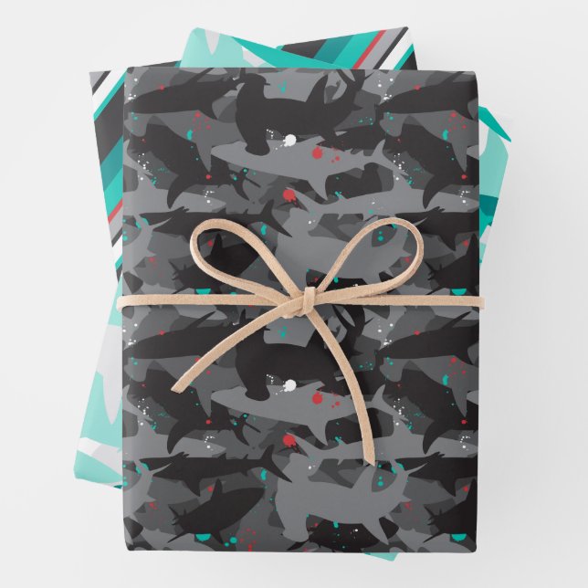 Shark Camouflage Patterned Wrapping Paper Set of 3 (In situ)