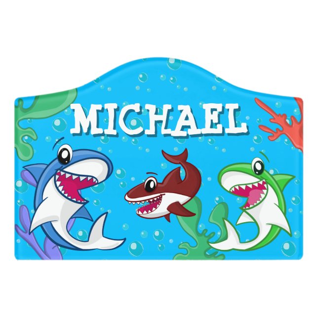 Shark Cartoon Blue Sea Life Ocean Name Kids Door Sign (Small Crest Front)