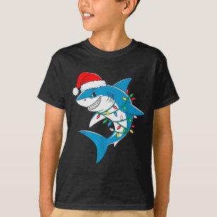 Shark Christmas Lights Santa Hat Xmas Pajama Boys T-Shirt