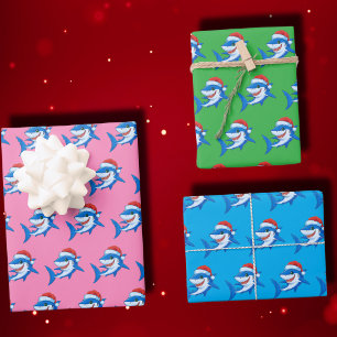 Shark Christmas Santa Hat Gift Ocean Wrapping Paper Sheets