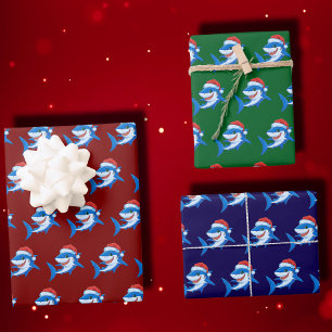 Shark Christmas Santa Hat Gift Wrapping Paper Sheets