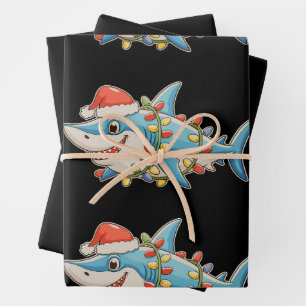 Shark Christmas Santa Hat Xmas Lights Sharkmas Wrapping Paper Sheets