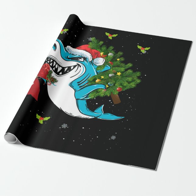 Shark Christmas Santa Tree Sharkmas Xmas Wrapping Paper (Unrolled)