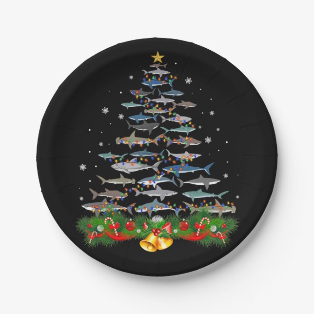 Shark Christmas Tree Shark Lovers Gifts Men Women Paper Plates (Front)
