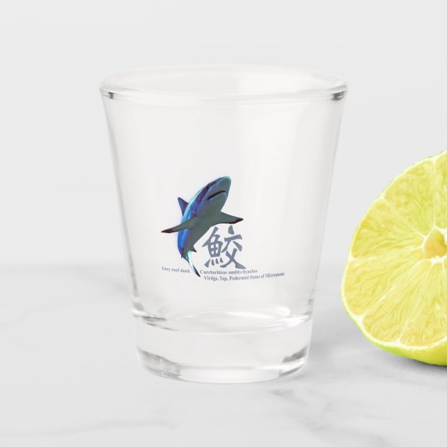 Shark cut-out photo with Kanji Shot Glass (Front)