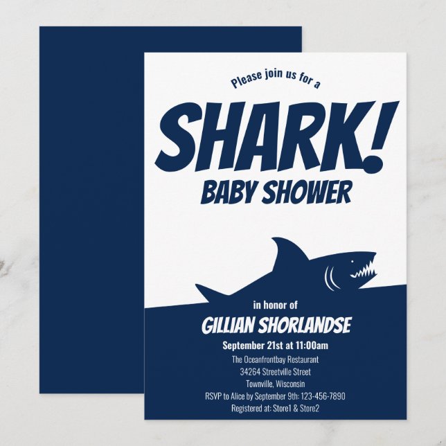 Shark Dark Blue Baby Shower Invitation (Front/Back)