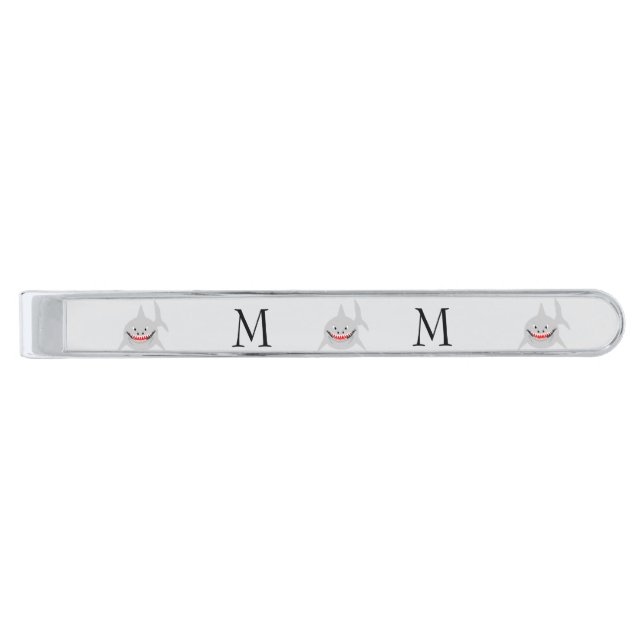 Shark Design Monogrammed Silver Finish Tie Bar (Front)