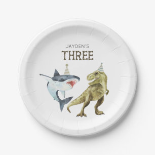 Shark & Dino 3rd Birthday, T-rex Shark Party Paper Plates