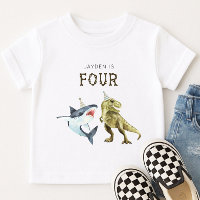 Shark & Dino 4th Birthday T-Shirt, T-rex & Shark