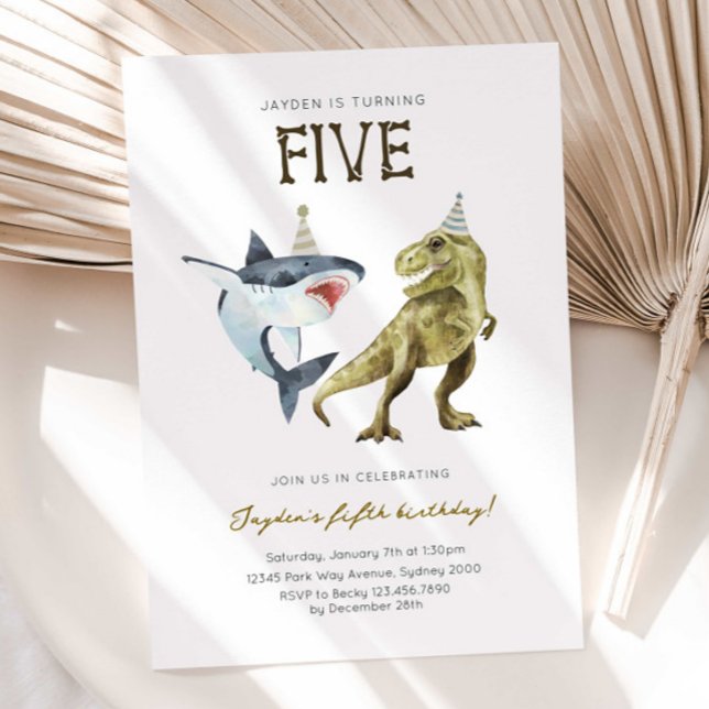 Shark & Dino 5th B'day Invite, T-rex Shark Party Invitation (Creator Uploaded)