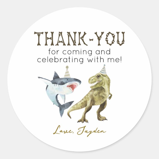 Shark & Dinosaur Birthday Thank You  Classic Round Sticker (Front)