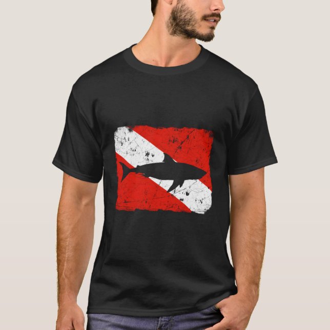 Shark Dive Flag Distressed Divers T-Shirt (Front)