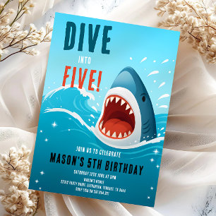 Shark Dive Into Five 5th Birthday Invitation