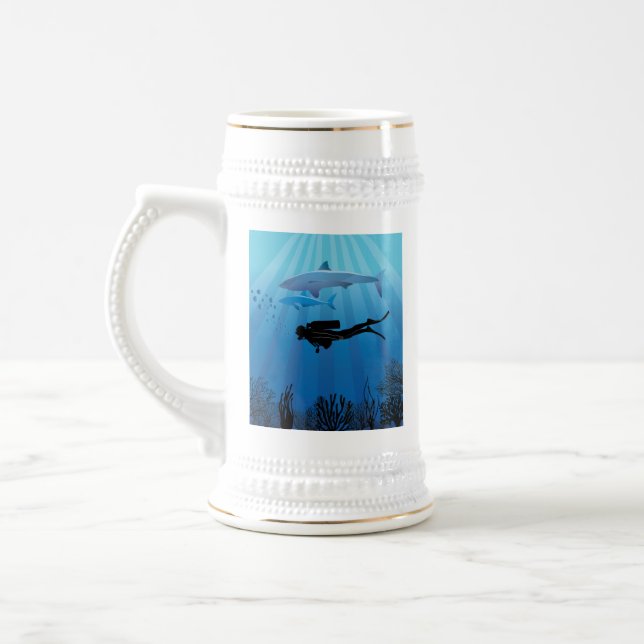 Shark Diving Scuba Diver Beer Stein (Left)