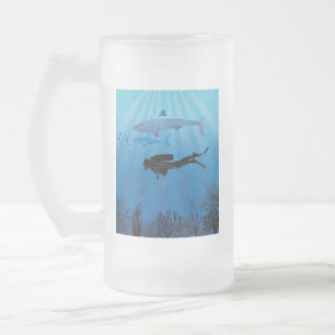 Shark Diving Scuba Diver Frosted Glass Beer Mug