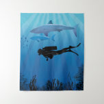 Shark Diving Scuba Diver Tapestry at Zazzle