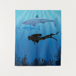 Shark Diving Scuba Diver Tapestry
