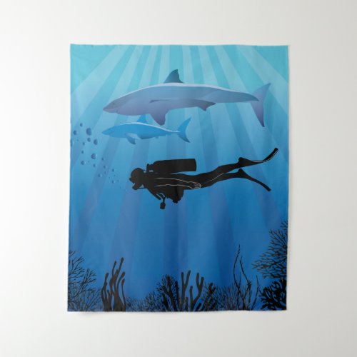 Shark Diving Scuba Diver Tapestry