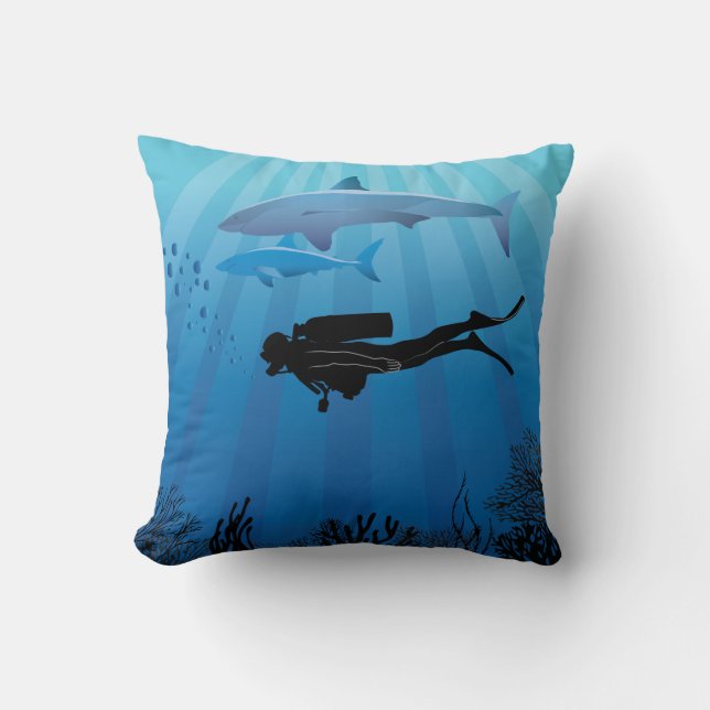 Shark Diving Scuba Diver Throw Pillow (Front)