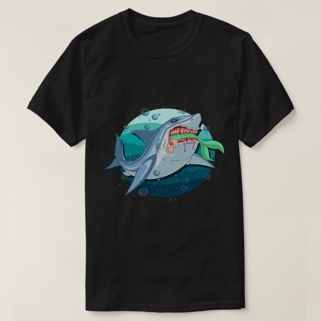 Shark Eating Mermaid Funny Mythical Creature Lover T-Shirt (Design Front)