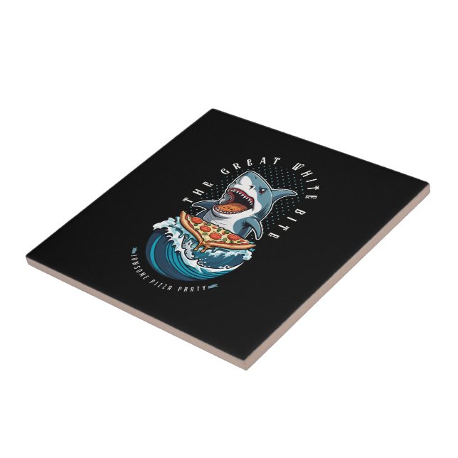 Shark Eating Pizza | The Great White Bite Jawsome  Ceramic Tile (Side)