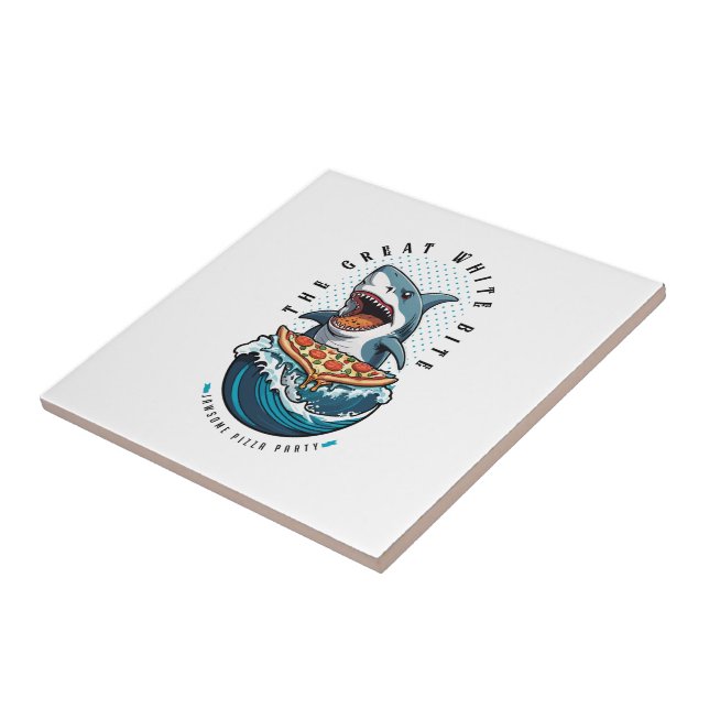 Shark Eating Pizza | The Great White Bite Jawsome  Ceramic Tile (Side)