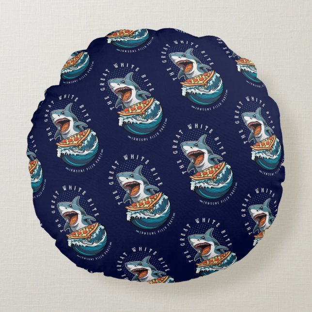 Shark Eating Pizza | The Great White Bite Jawsome  Round Pillow (Front)