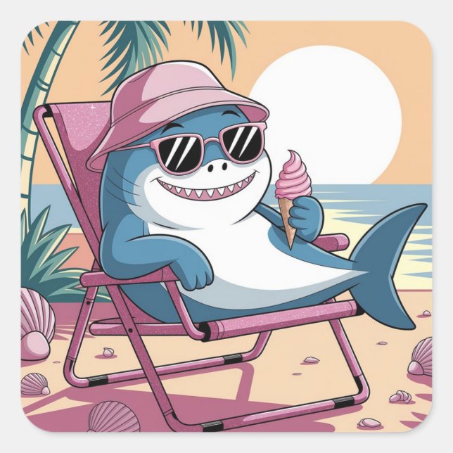 Shark eating summer ice-cream  square sticker (Front)