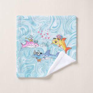 Shark Family Cartoon on Blue Waves Wash Cloth