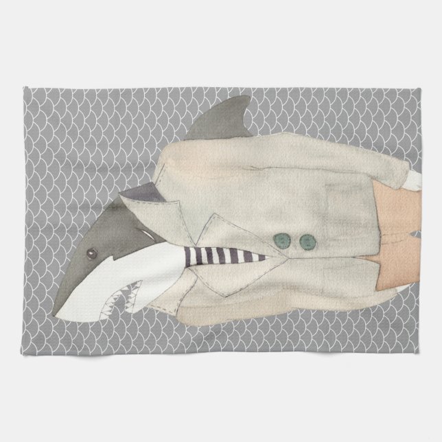 Shark Fashion Suit Watercolor Illustration K Kitchen Towel (Horizontal)