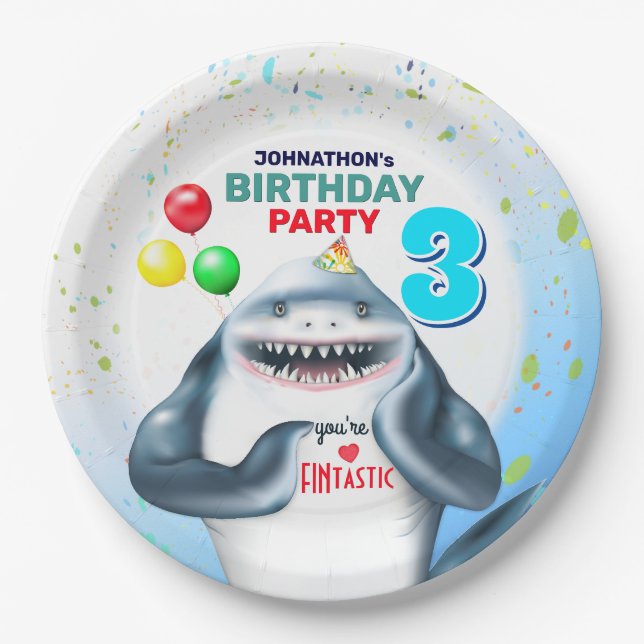 Shark Fintastic Kids Birthday Paper Plates (Front)