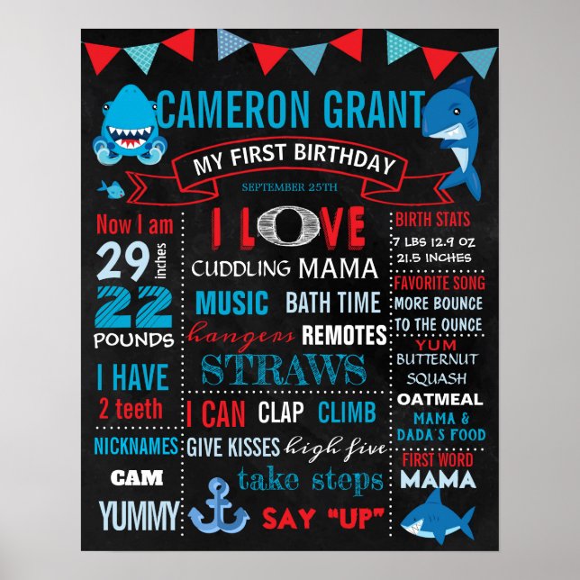 Shark First Birthday chalkboard sign for a boy (Front)
